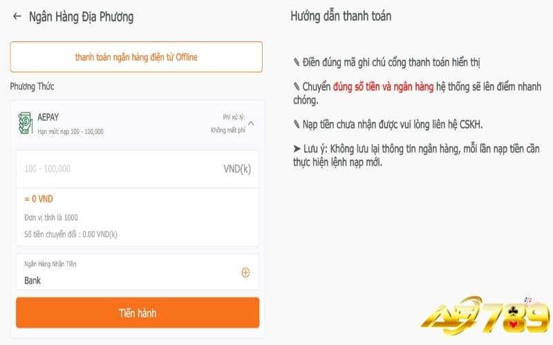 Nạp tiền AE789 qua phương thức ngân hàng Nạp tiền AE789 qua phương thức ngân hàng